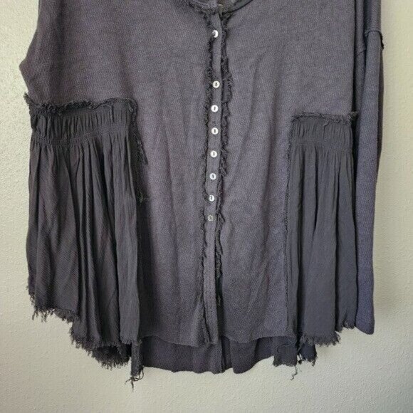 We The Free Oversize Button Down Knit Boho Gray Thermal Top Basics Minimalist S - Picture 7 of 11